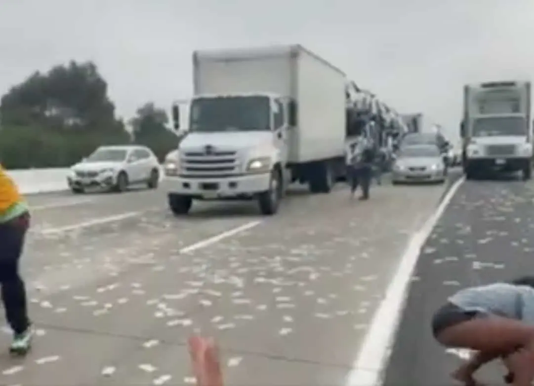 Cae dinero cae de camión y autopista se paraliza