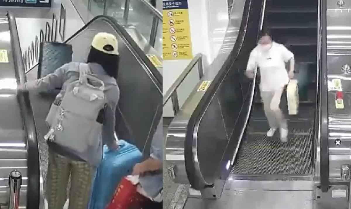 Maleta derriba a mujer en escalera eléctrica de estación del tren