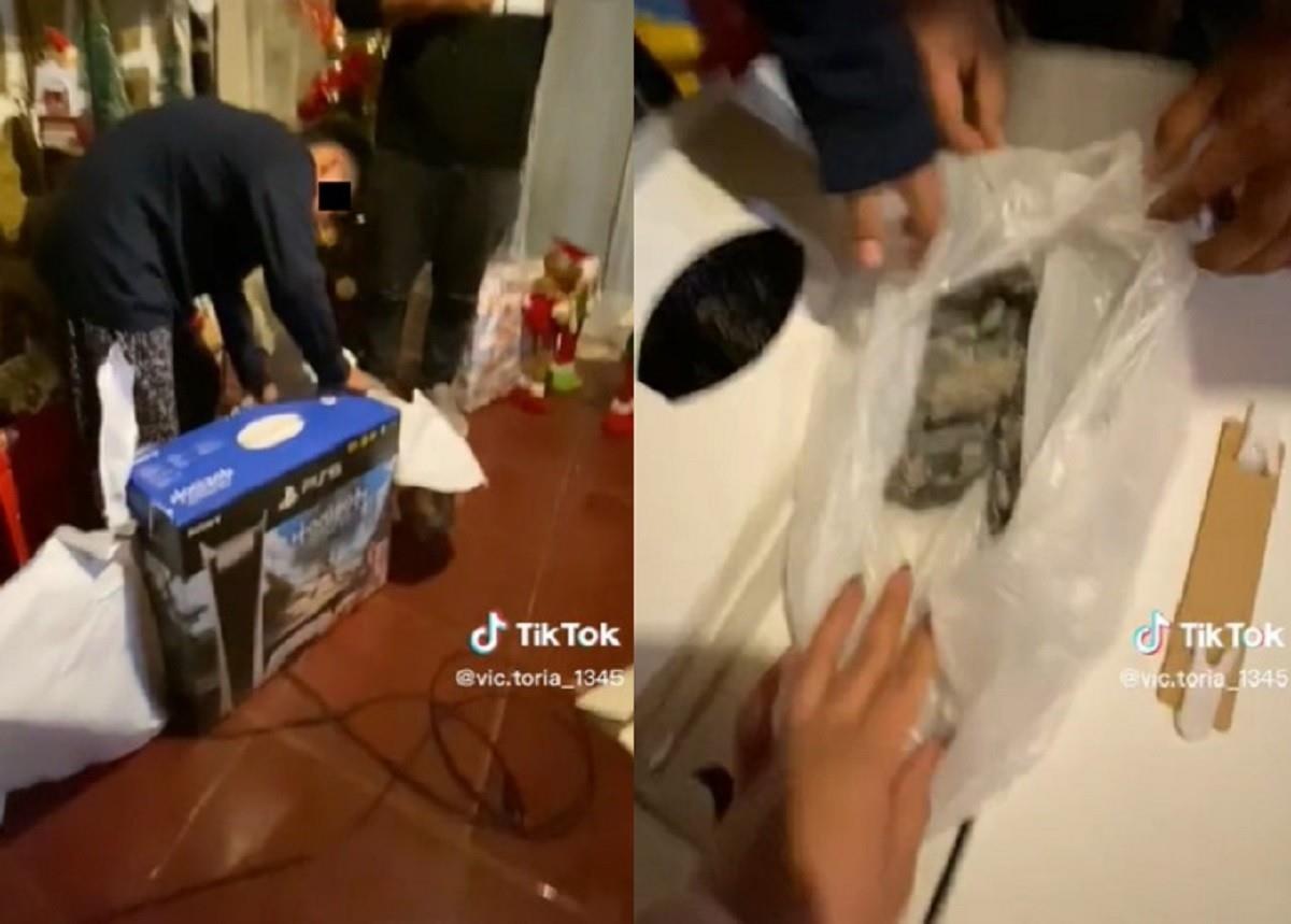 Un niño se llevó una desagradable sorpresa al abrir su regalo de Navidad, esperaba un Play Station 5 y recibió una bolsa con carbón. Foto: TikTok @vic.toria_1345