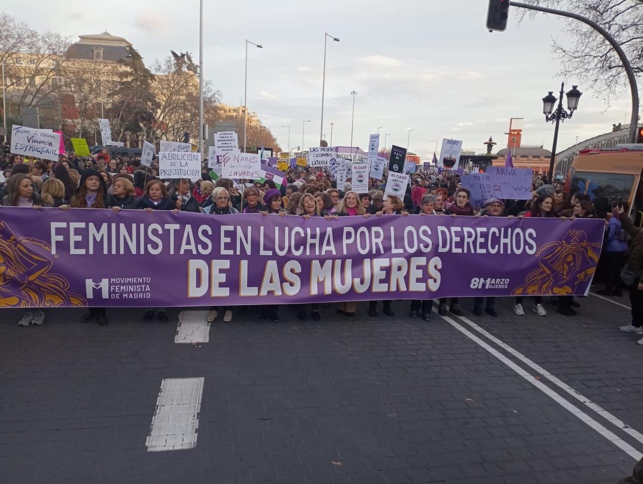 En Madrid, la manifestación apoyada por el Ministerio de Igualdad reivindica las normas diseñadas por este departamento. Foto: Twitter/ @MovFemMad