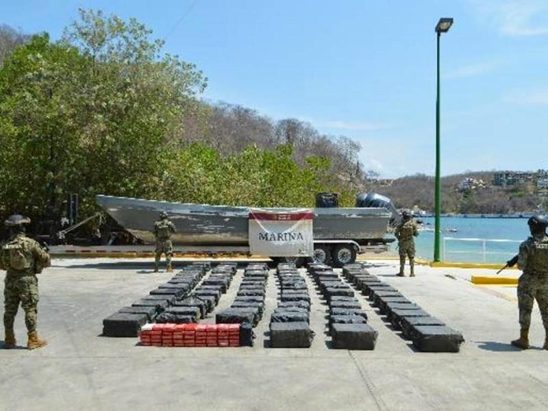 La droga asegurada, las embarcaciones y los aprehendidos, fueron presentadas ante el Ministerio Público de la Federación. Foto: Fuente Informativa.