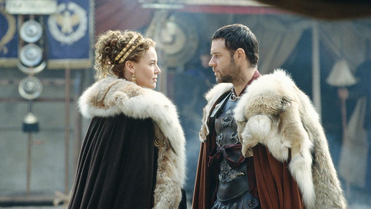 Russell Crowe y Connie Nielsen en la primera entrega de Gladiador