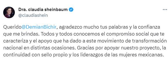 Agradece Sheinbaum apoyo a Demian Bichir