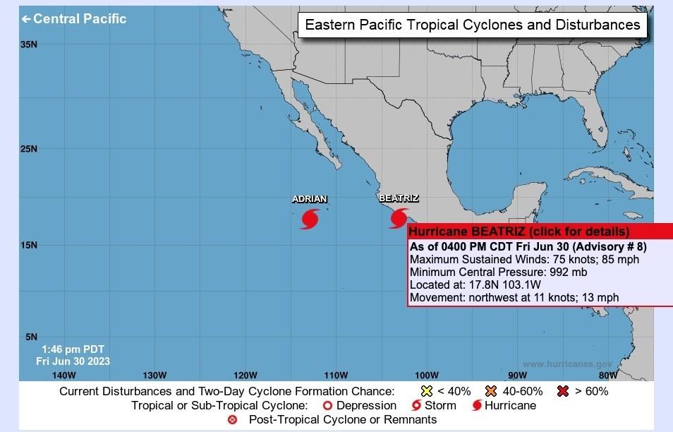 El huracán Beatriz se desplaza con dirección noroeste a una velocidad de 20 km/h y se espera que mantenga esa trayectoria hasta que comience a debilitarse. Foto: NHC.