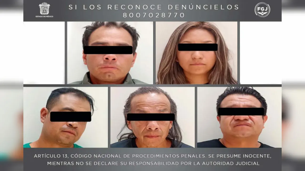 José Alfredo “N” de 46 años, Rubén “N” de 40, Oscar “N” de 46, Carlos “N” de 37 y Anahí Magdalena “N” de 32 fueron vinculados a proceso por secuestro de dos personas en un bar, en Ecatepec. Foto: Cortesía