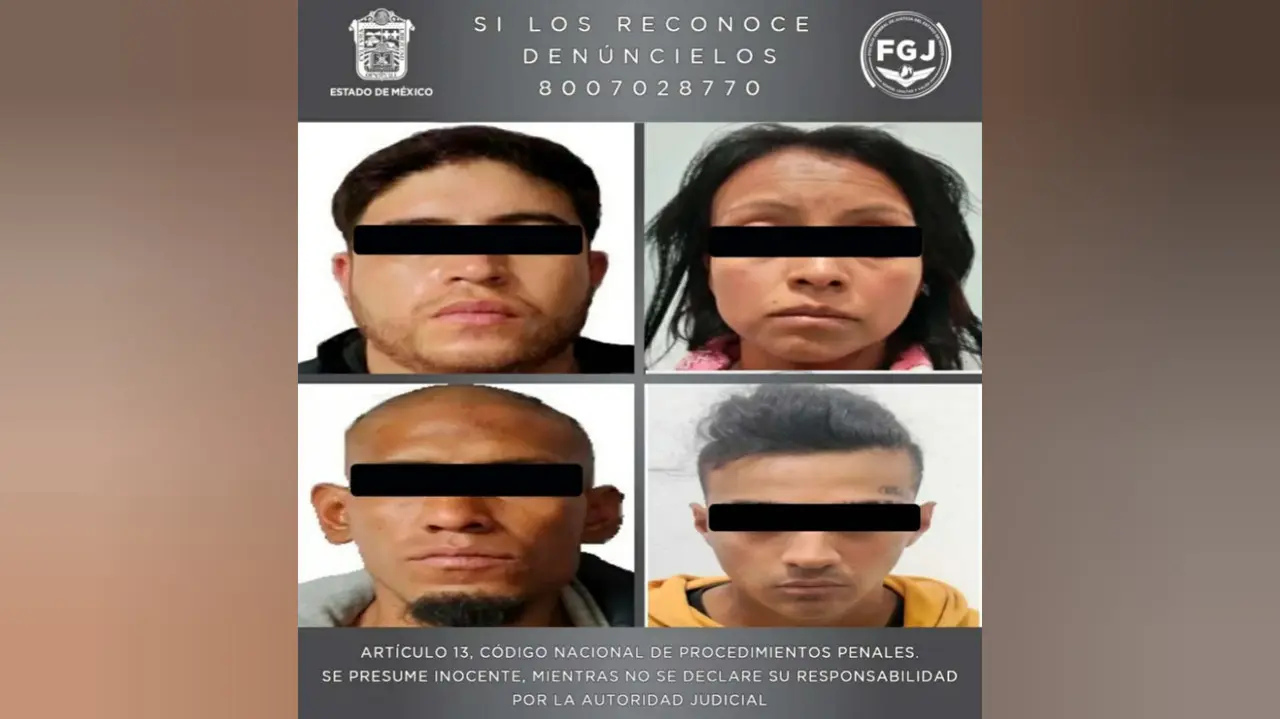 Isaac “N”, alias “El Barbas y/o Barba Roja”, Erika Liliana “N”, José Armando “N” y Brandon “N” fueron vinculados a proceso por homicidio, son acusados de asesinar a un hombre en Nezahualcóyotl. Foto: Cortesía