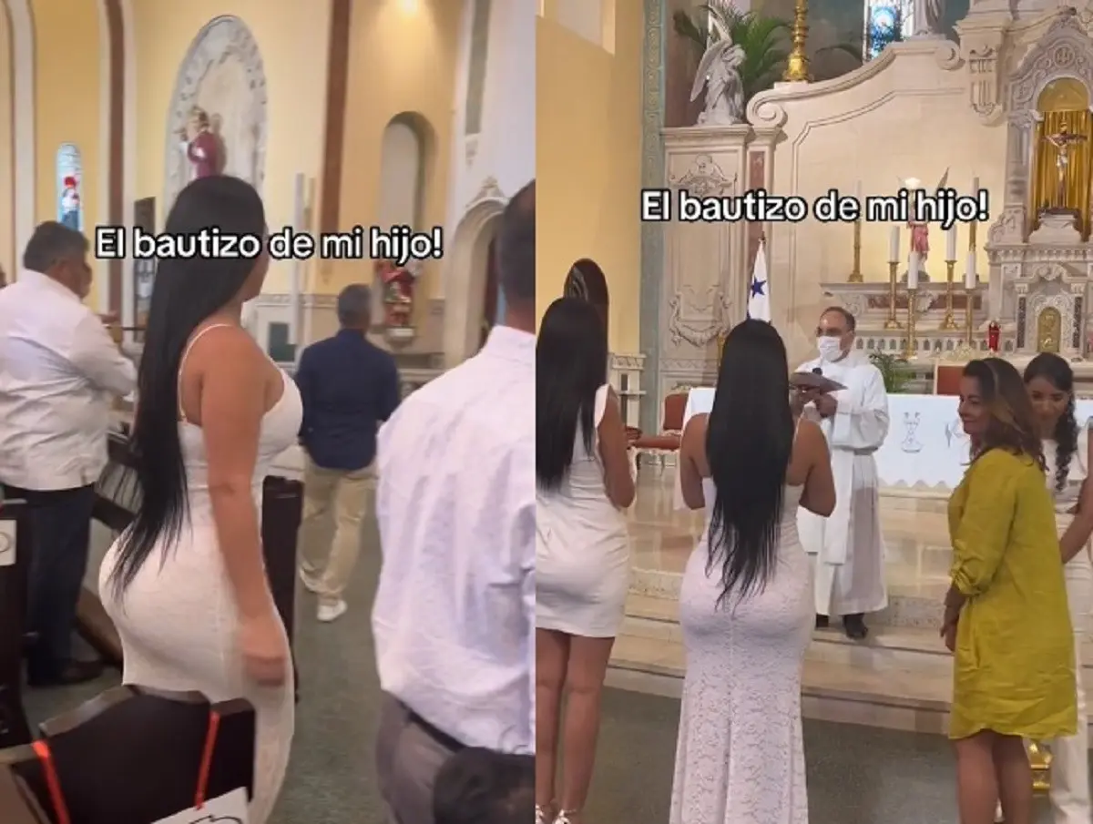 Una mujer causa polémica al usar un vestido blanco ajustado durante el bautizo de su hijo en una Iglesia católica. Foto: TikTok yeinnysaenz