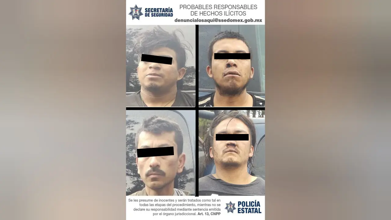 Un menos de 15 años, Leonel N de 38 años, Daniel N de 23, Miguel N de 21, Rodrigo N de 30 y Jorge N de 28 fueron detenidos como los presuntos responsables del ataque a policías de Villa Victoria; le aseguraron cuatro armas largas. Foto: Cortesía