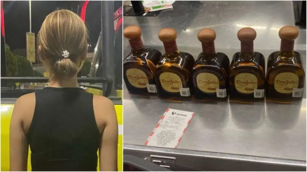 Policía de Monterrey encontraron las botellas de tequila en posesión de la menor, las cuales tienen un valor total de tres mil 725 pesos. Foto. Cortesía