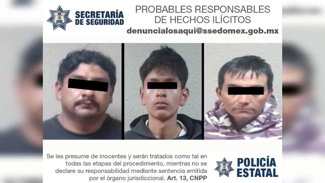 Erick, Pablo e Ignacio, fueron detenidos con droga y un arma; se les investiga por narcomenudeo en varios municipios del Estado de México. Foto: Cortesía