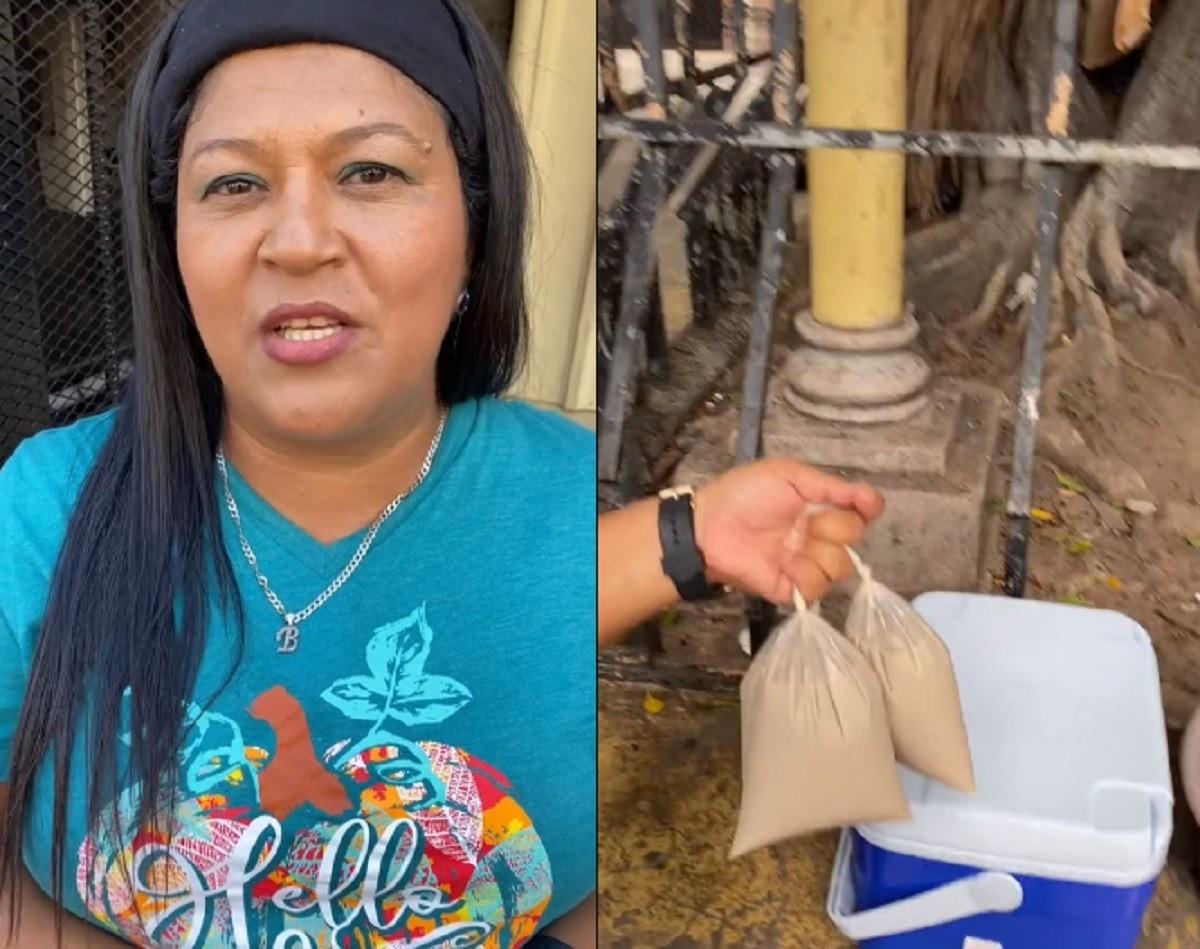 Míriam Celaya, mejor conocida como Lady Frijoles, reapareció vendiendo horchatas y catrachas en una plaza de Tegucigalpa, Honduras. Foto: TikTok elrudhin