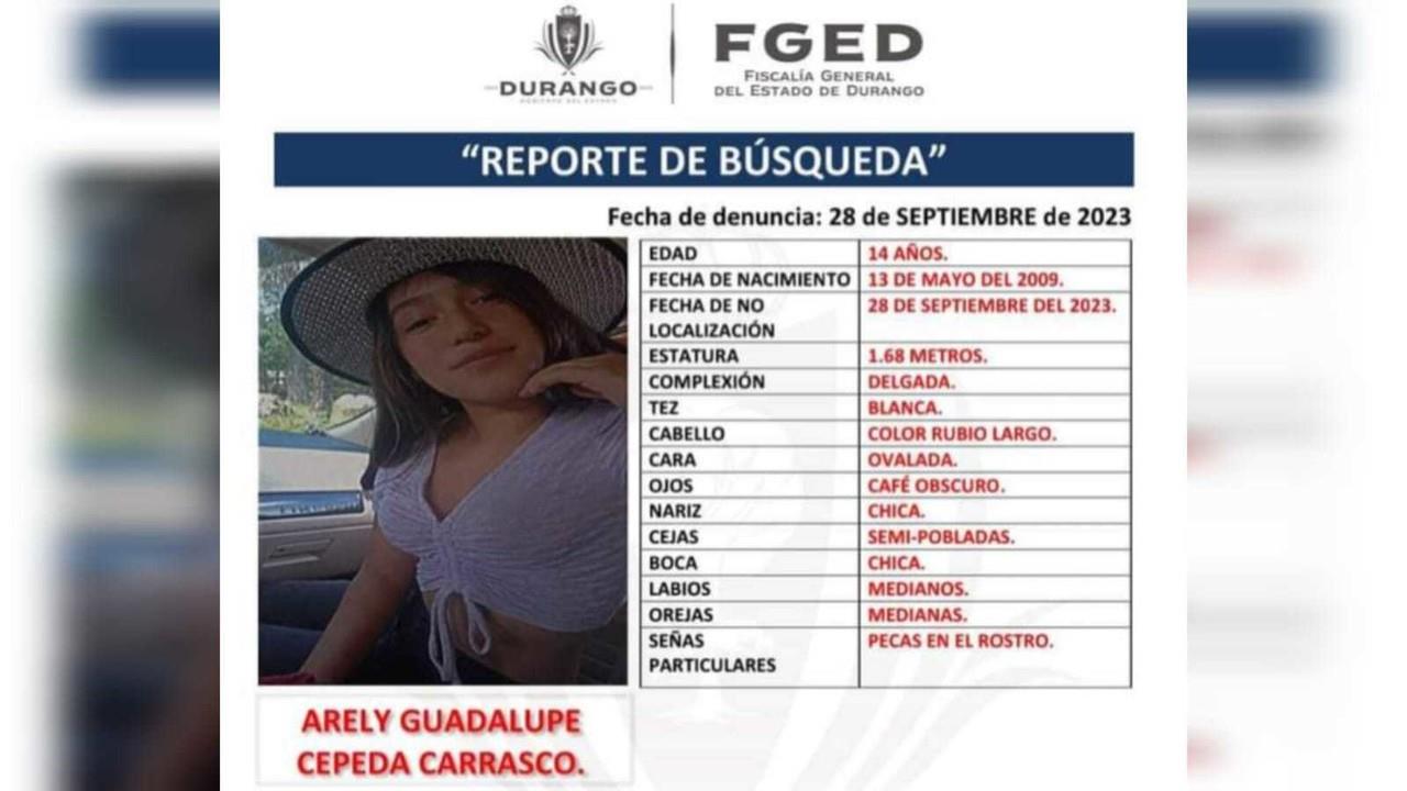 Arely se encuentra desaparecida desde el pasado 27 de septiembre de 2023. Foto: Facebook Fiscalía Durango.