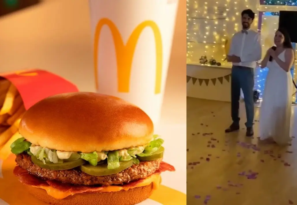 Una pareja de novios franceses sorprendieron a los invitados de su boda al ofrecer como banquete hamburguesas de McDonalds. Foto: Business Insider México / TikTok thomasbillaudeau