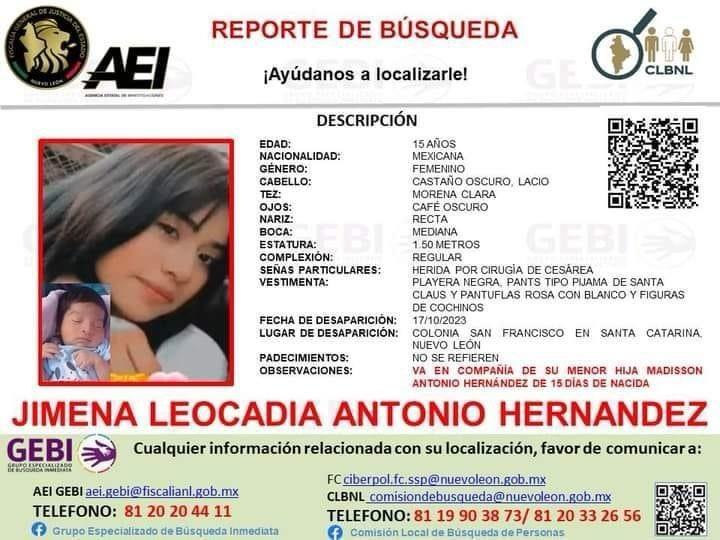 Jimena Leocadia Antonio Hernández de 15 años y su bebé recién nacida son buscadas por su familia.