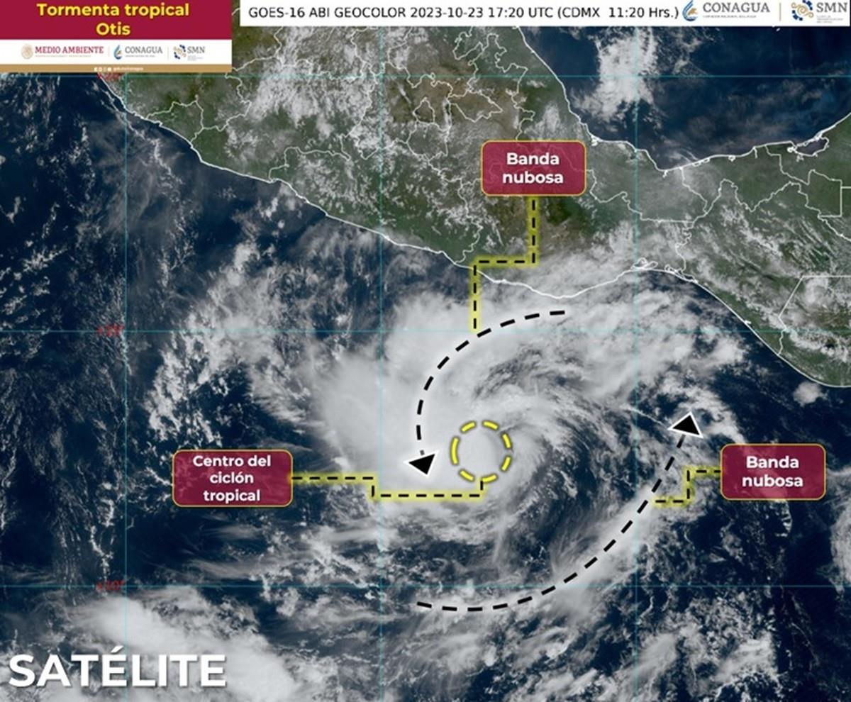 La tormenta tropical Otis registra vientos máximos sostenidos de 75 kilómetros por hora y rachas de 95 kilómetros por hora y desplazamiento hacia el nor-noreste a 11 kilómetros por hora. Foto: Twitter @conagua_clima