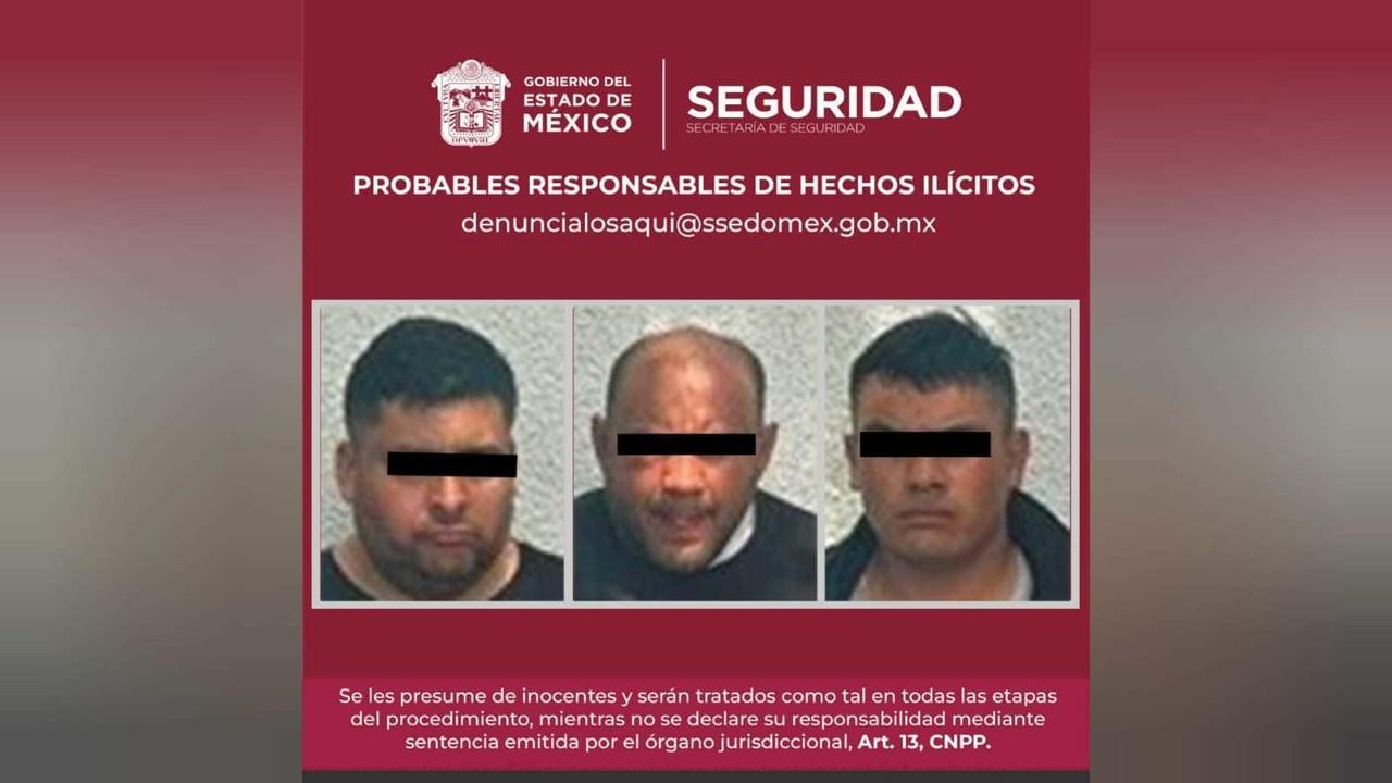 José “N”, Ernesto “N” y Leopoldo “N” fueron detenidos acusados de secuestro exprés, se les investiga por otros ocho casos. Foto: Sria. de Seguridad de Edomex