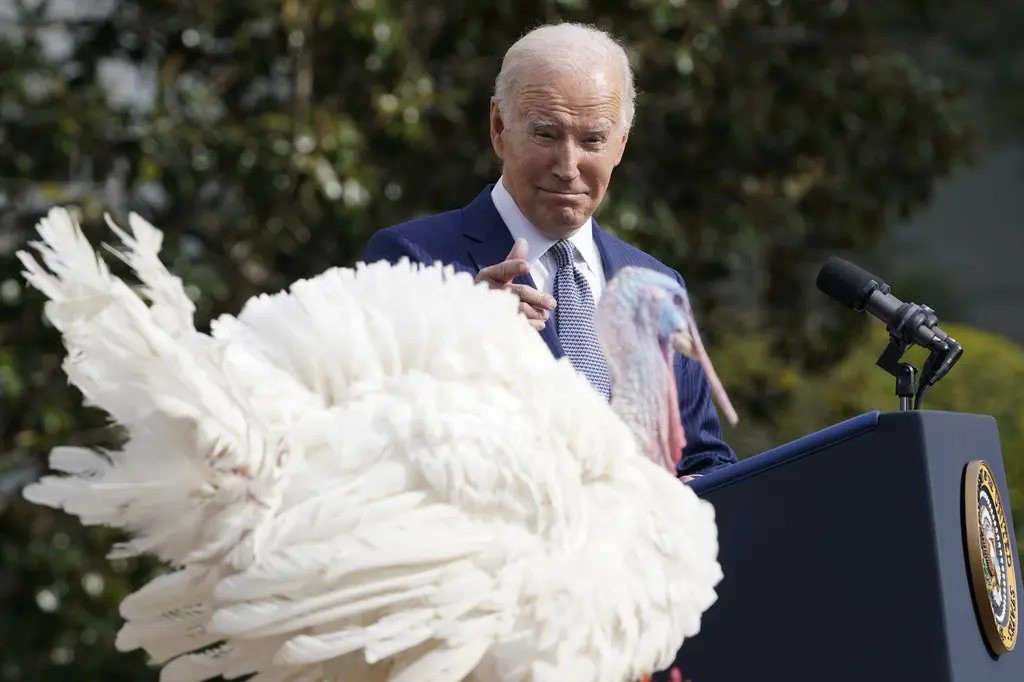 El presidente Joe Biden sonríe después de indultar a Liberty, uno de los dos pavos nacionales del Día de Acción de Gracias, durante una ceremonia en la Casa Blanca, el lunes 20 de noviembre de 2023, en Washington. (AP Foto/Susan Walsh)