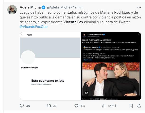 Vicente Fox cierra cuenta de X tras polémica por comentarios hacia Mariana