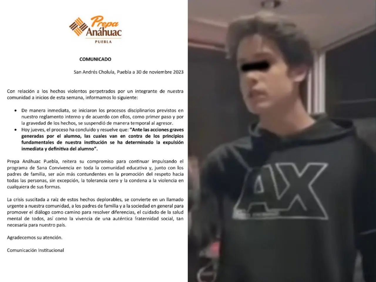 La institución educativa emitió un comunicado oficial informando que el estudiante ha sido expulsado de la institución. Foto: Especial.