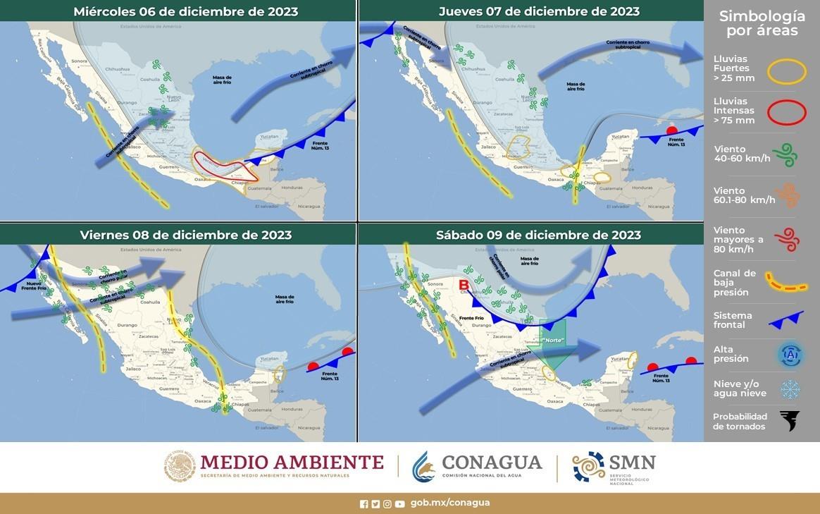 Mapa de la Republica Mexicana y el Frente frio numero 13. Foto: Conagua