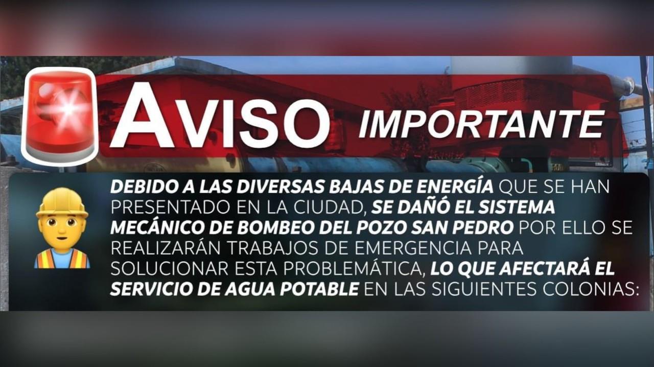 El servicio deberá restablecerse la tarde de este jueves 14 de diciembre de 2023. Foto: Facebook Aguas del Municipio de Durango.