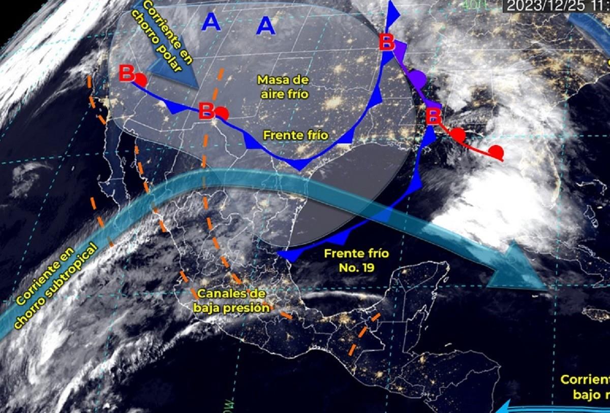 El  frente frío número 19 de la temporada se desplazará sobre el oriente del país y el Golfo de México, se prevé que al final del día se localice sobre el sureste de México. Foto: Twitter @conagua_clima