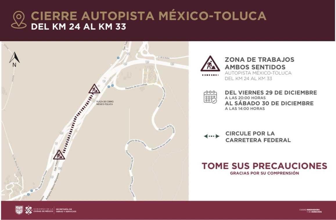 Segundo cierre de la autopista México-Toluca por obras del Tren Interurbano El Insurgente. Foto: @SOBSECDMX