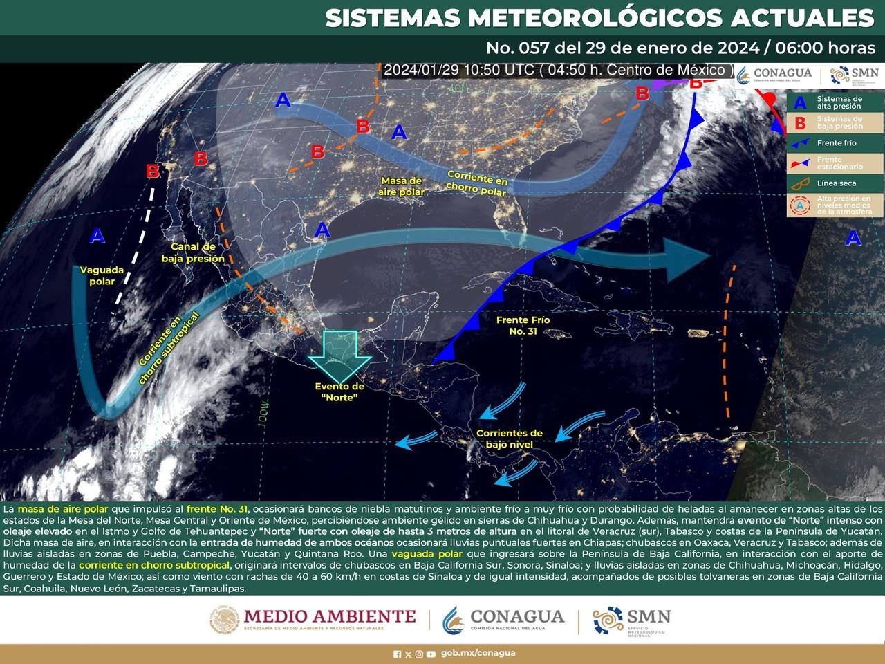 Mapa de México con el pronóstico general para este 29 de enero de 2024. Fuente: Servicio Meteorológico Nacional