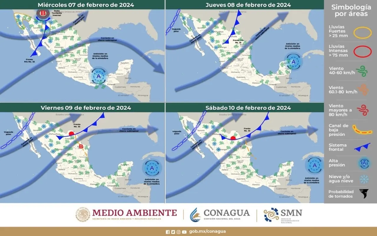 La Sexta Tormenta Invernal y el Frente Frío 33 se moverán lentamente sobre el noroeste de México, generando un clima frío a muy frío y vientos fuertes en la región.