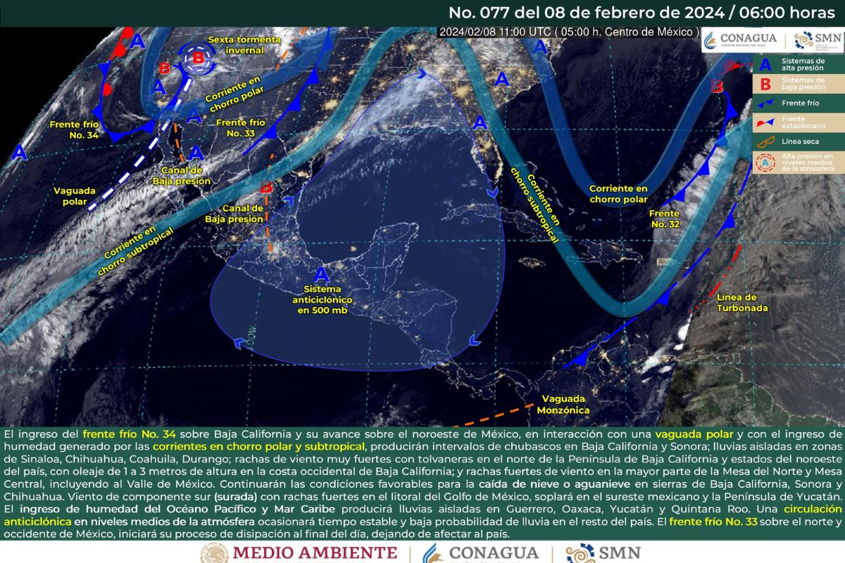 Mapa meteorológico de México del 8 de febrero de 2024. Fuente: Servicio Meteorológico Nacional