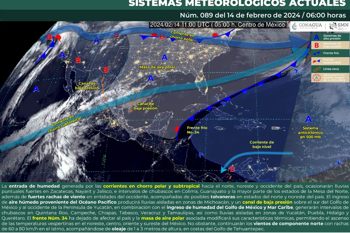 Mapa meteorológico de la República Mexicana del 14 de febrero de 2024. Fuente: Servicio Meteorológico Nacional