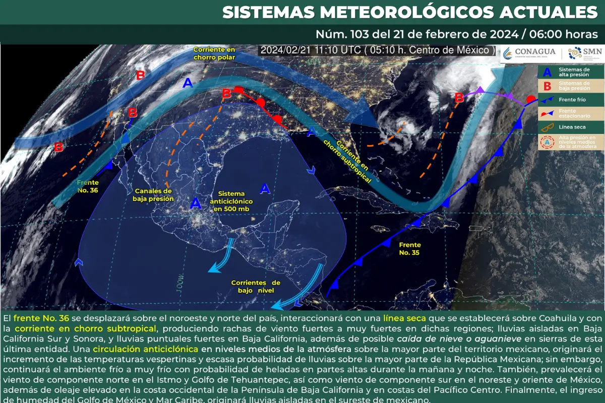 Mapa climatológico de México del 21 de febrero de 2024. Fuente: Servicio Meteorológico Nacional