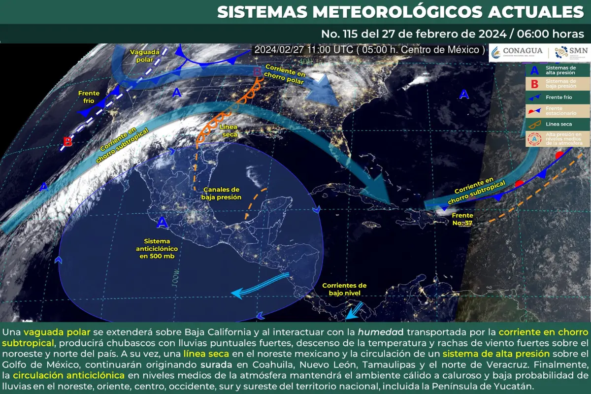 Mapa meteorológico de México del 27 de febrero de 2024. Fuente: YouTube