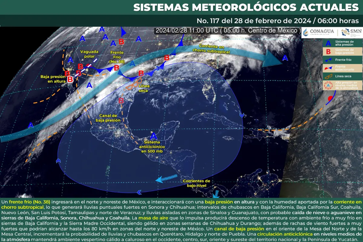 Mapa meteorológico de México del 28 de febrero de 2024. Fuente: Servicio Meteorológico Nacional