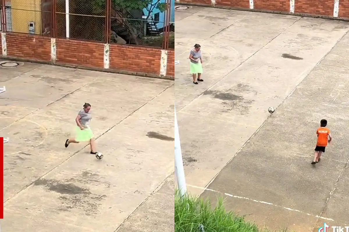 Abuelita juega futbol con su nieto . Foto. Captura de Imagen