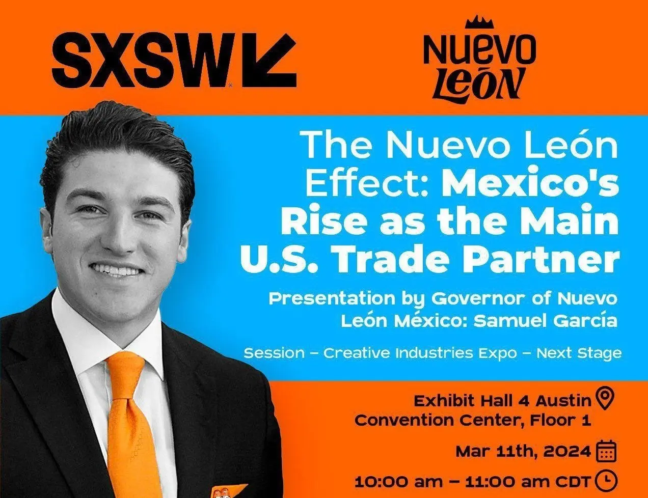 En dicho foro, García Sepúlveda formará parte de The Nuevo León Effect: Mexico´s Rise as the main U.S. Trade Partner. Foto: X @samuel_garcias