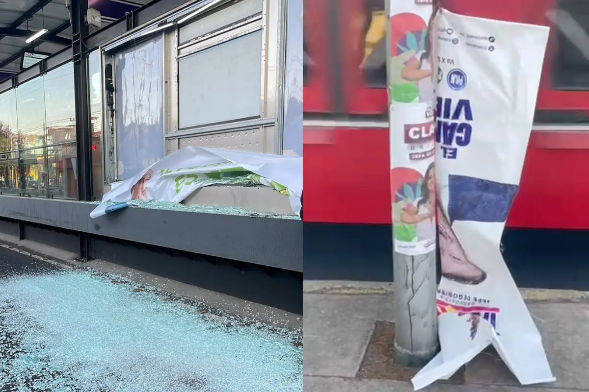 Vandalizan propaganda de Sheinbaum y Taboada en parada de Metrobús Línea 5. Foto: Captura de pantalla