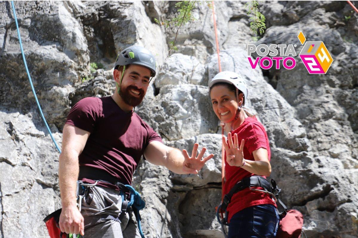 Disfruta Claudia Sheinbaum junto a Mauricio Cantú de escalar la Huasteca