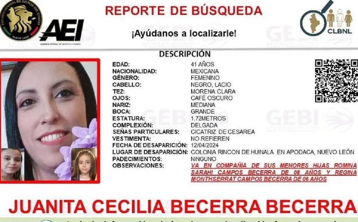 Juanita Cecilia Becerra Becerra, de 41 años, desapareció junto a sus hijas , Romina Sarahí Campos Becerra de 8, y Regina Monthserrat Campos Becerra de 6. Foto: Fiscalía General de Justicia de Nuevo León