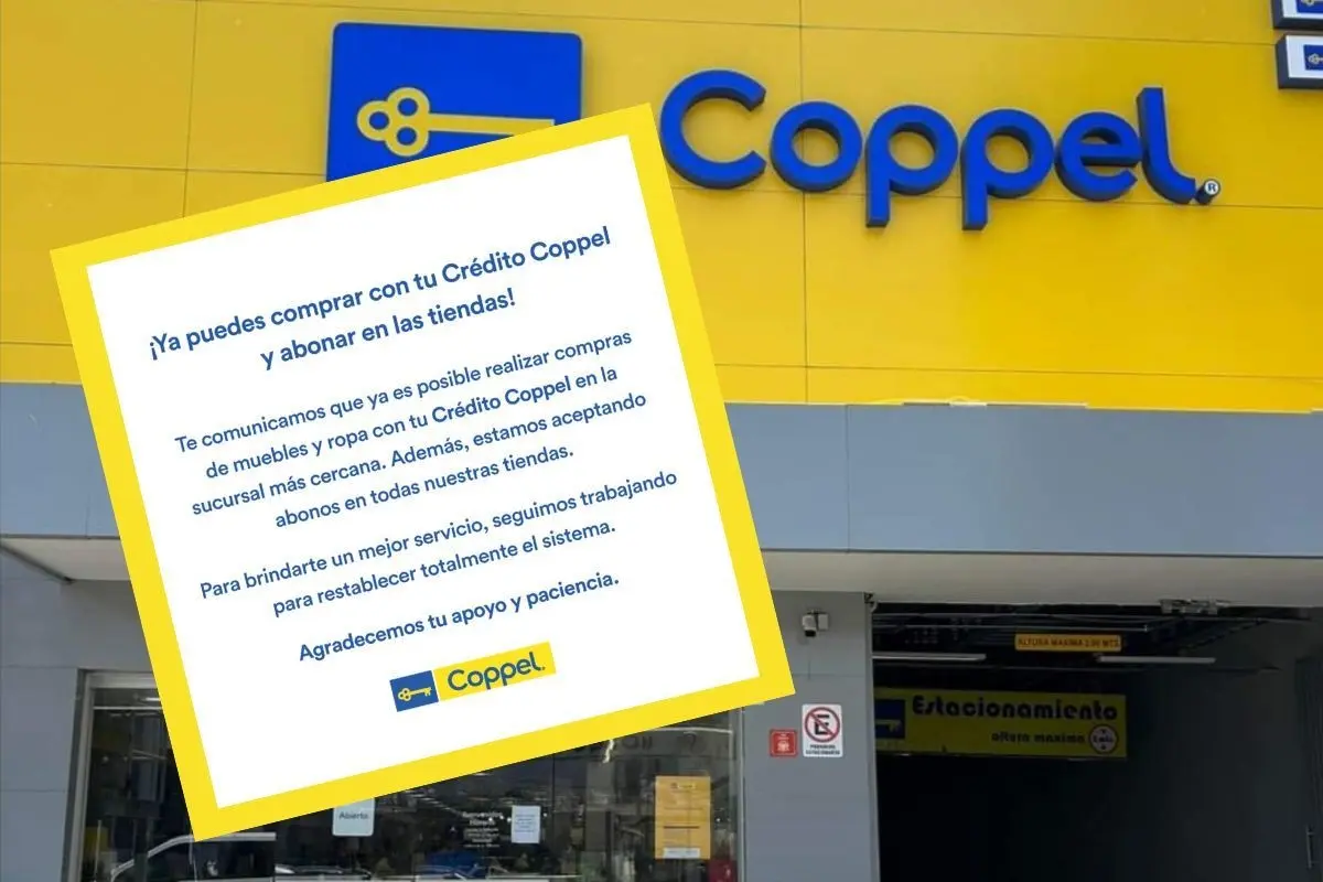 Fachada de tienda Coppel y comunicado de Facebook. Foto: Especial