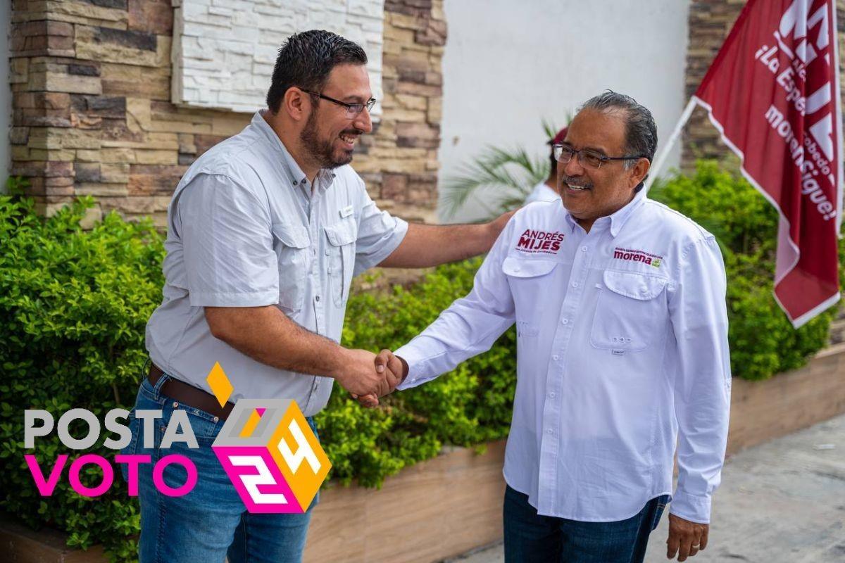 El candidato de la coalición Sigamos Haciendo Historia, Andrés Mijes, junto a maestro. Foto: Coalición Sigamos Haciendo Historia