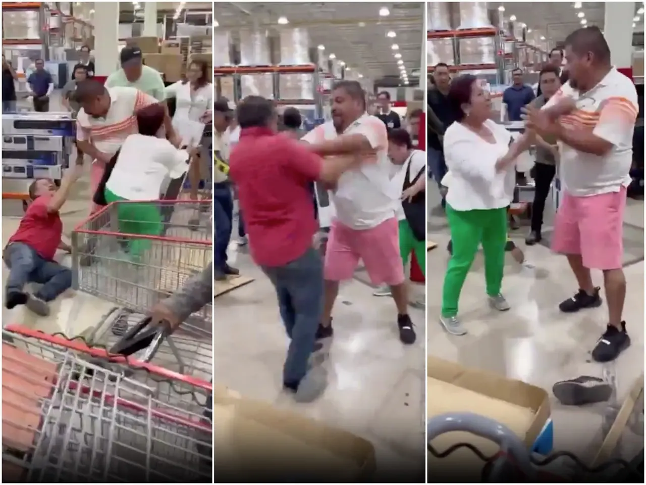 En las imágenes se puede observar cómo un hombre, vestido con una playera blanca con rojo, arrebata un ventilador a otro cliente y lo derriba en el suelo. Foto: X.