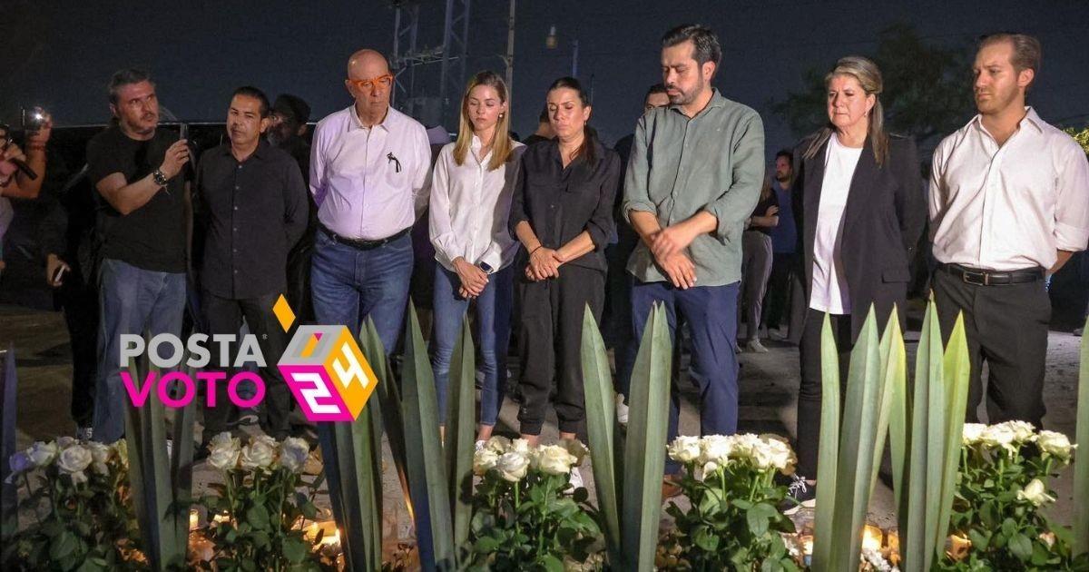 Álvarez Máynez junto a integrantes de Movimiento Ciudadano guardando luto por los fallecidos tras el accidente en San Pedro. (Fotografía: X)