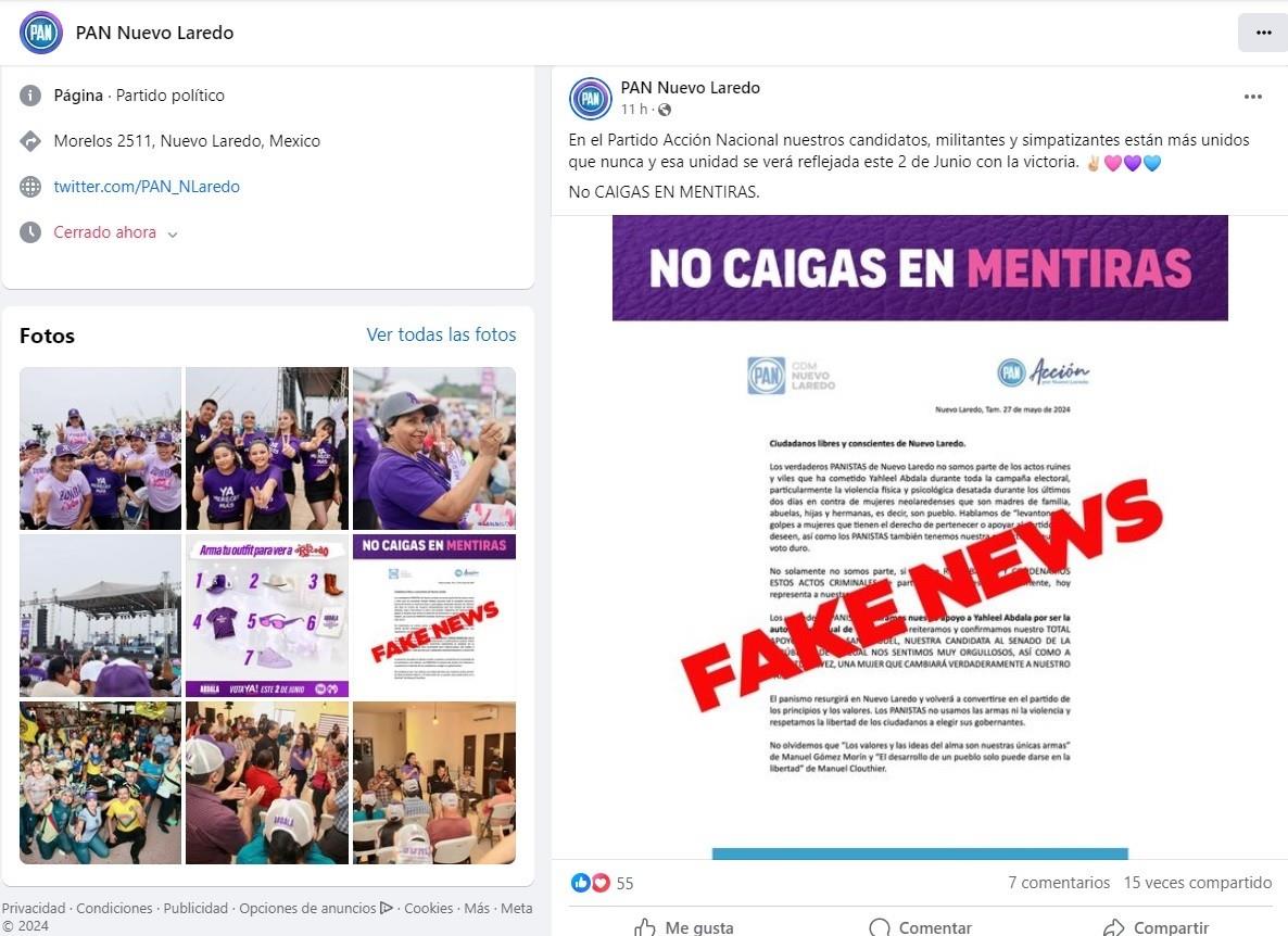 PAN de Nuevo Laredo denuncia página de FB con informacion falsa