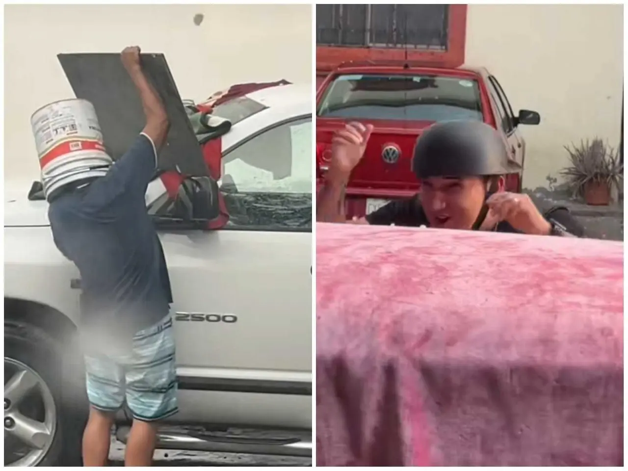 Uno de los videos más impactantes muestra el momento exacto en que un granizo cae sobre un sujeto, golpeando el casco que llevaba puesto para protegerse. Foto: Tiktok.