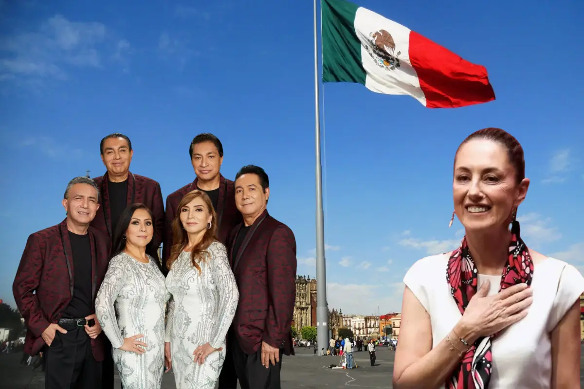 De fondo Zócalo de la CDMX, Los Ángeles Azules y Claudia Sheinbaum. Foto: Especial