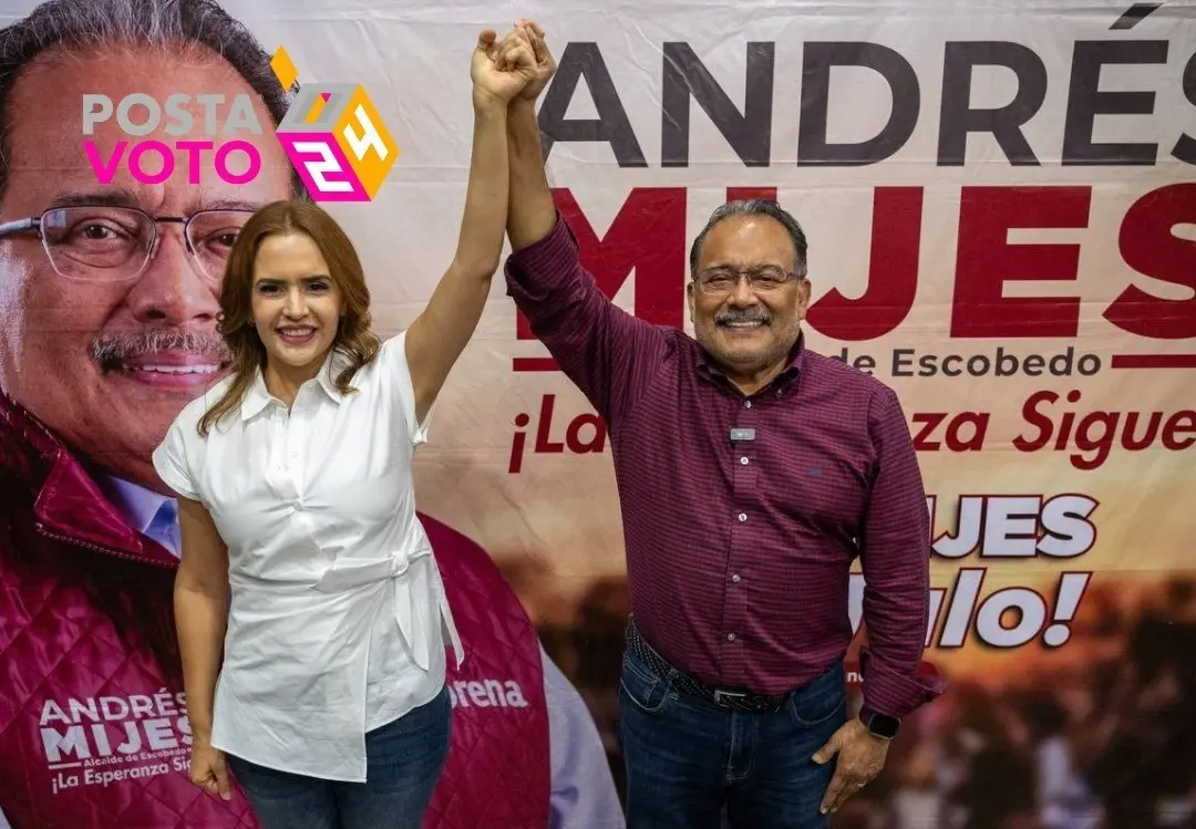 Andrés Mijes celebrando su triunfo con Clara Luz Flores candidata a diputada federal por el distrito 3. Foto: Andrés Mijes/Morena.