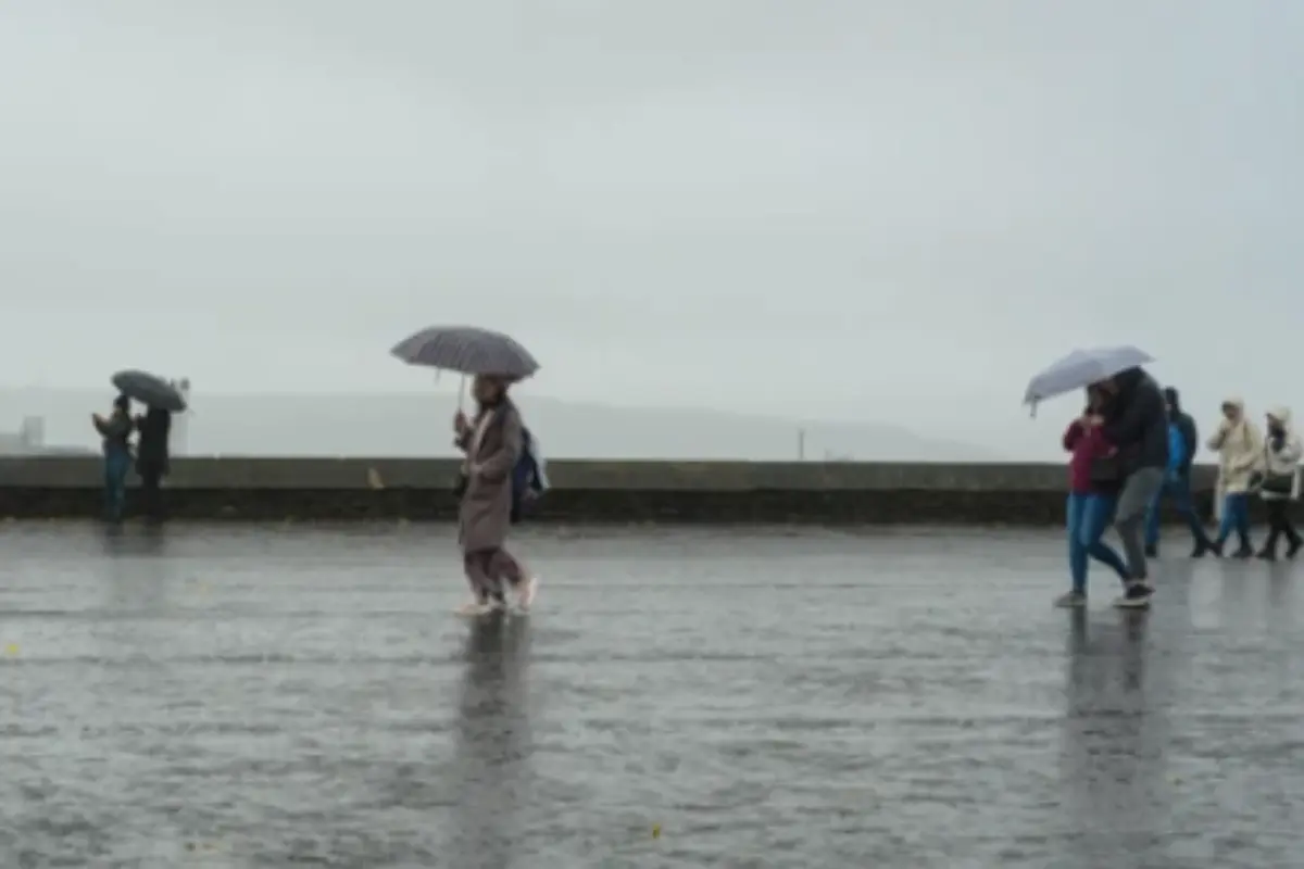 Persona caminando bajo una lluvia fuerte con sus paraguas. Foto: Especial