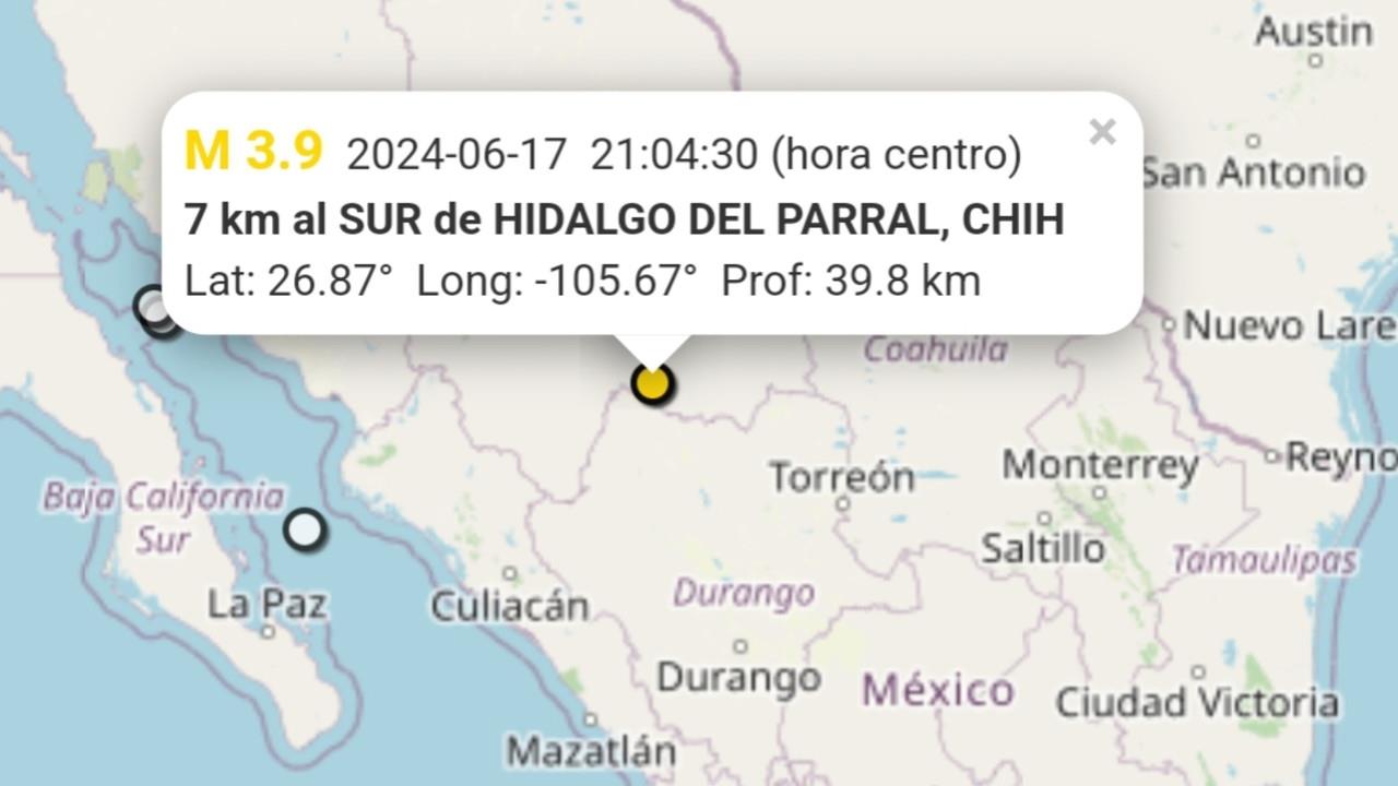 Se registró un sismo justo al norte del estado de Durango, en un municipio vecino ubicado de Chihuahua. Foto: Servicio Sismológico Nacional.