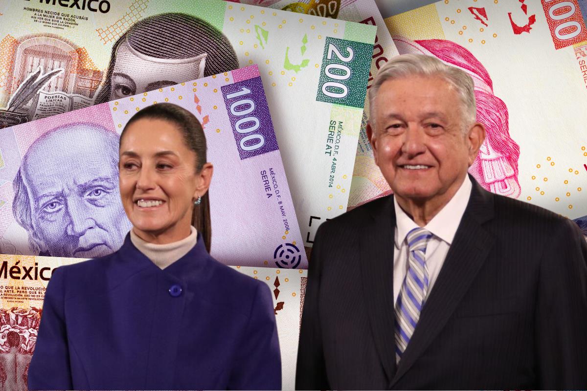 Fondo de billetes, Claudia Shienbaum y Andrés Manuel López Obrador. Foto: Especial